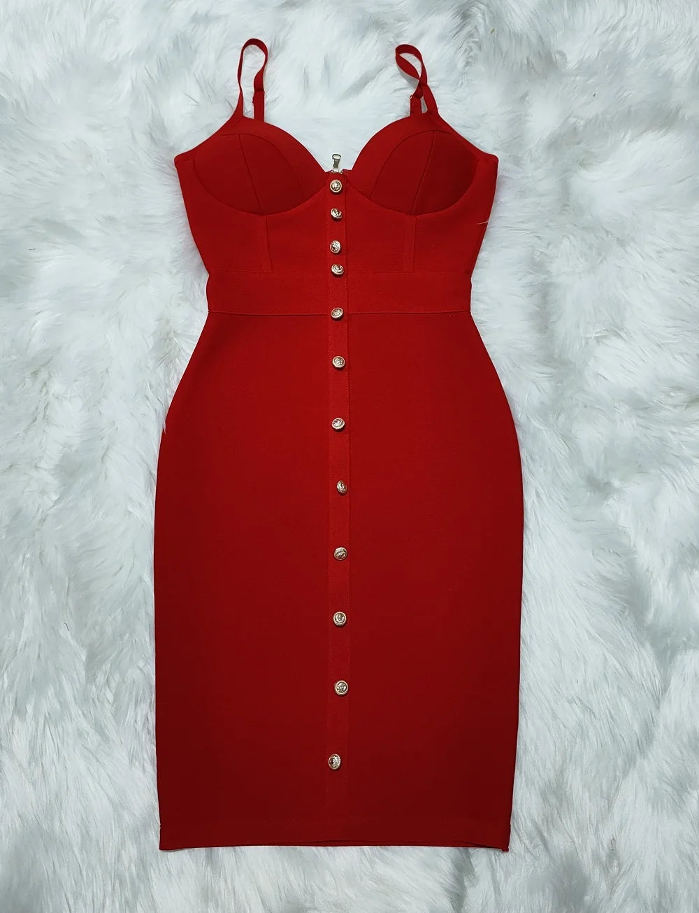 Women's V-Neck Bodycon Dress with Gold Buttons VestiVogue red S