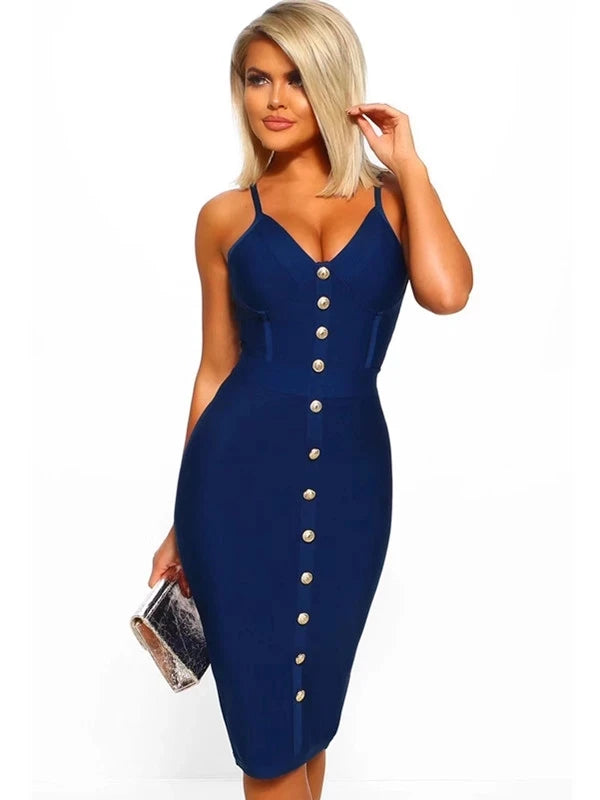 Women's V-Neck Bodycon Dress with Gold Buttons VestiVogue