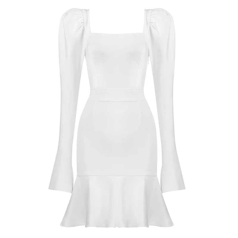 Elegant Black Long Sleeve Square Collar Bodycon Mini Dress VestiVogue WHITE M