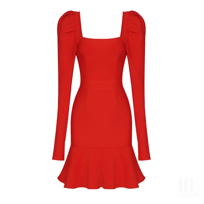 Elegant Black Long Sleeve Square Collar Bodycon Mini Dress VestiVogue Red XS（old）