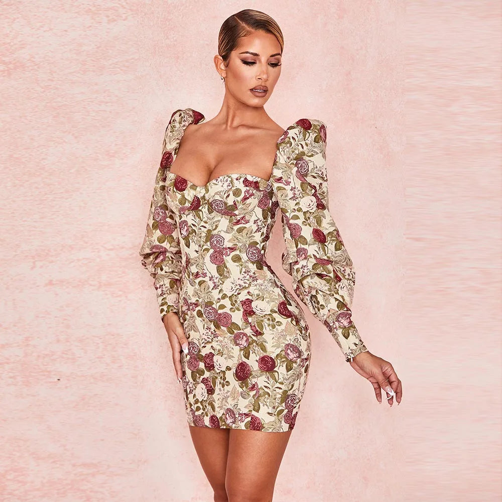 Flower Beige Bodycon V-Neck Mini Dress VestiVogue