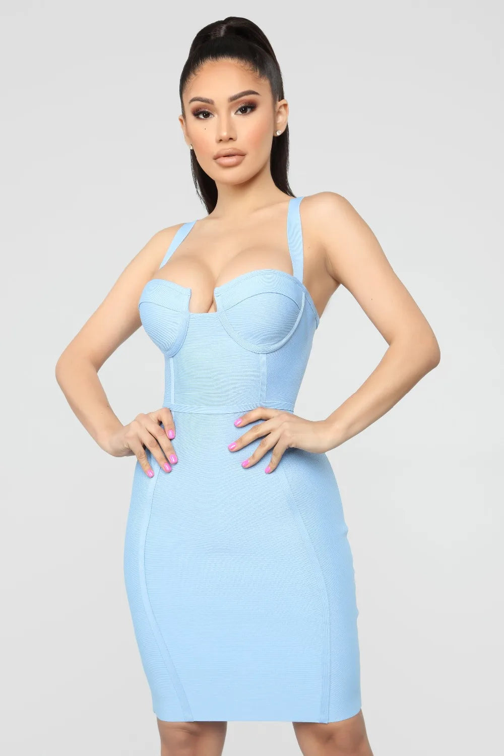 V-Neck Bodycon Mini Dress in Four Colours VestiVogue