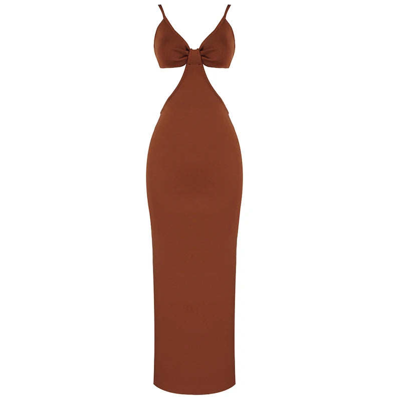 Elegant V Neck Bodycon Bandage Dress for Women VestiVogue Brown XS