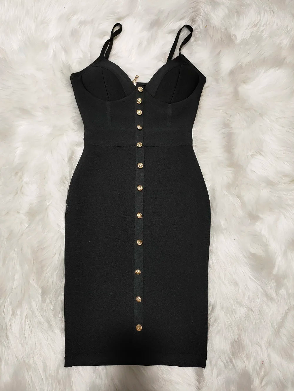 Women's V-Neck Bodycon Dress with Gold Buttons VestiVogue black L