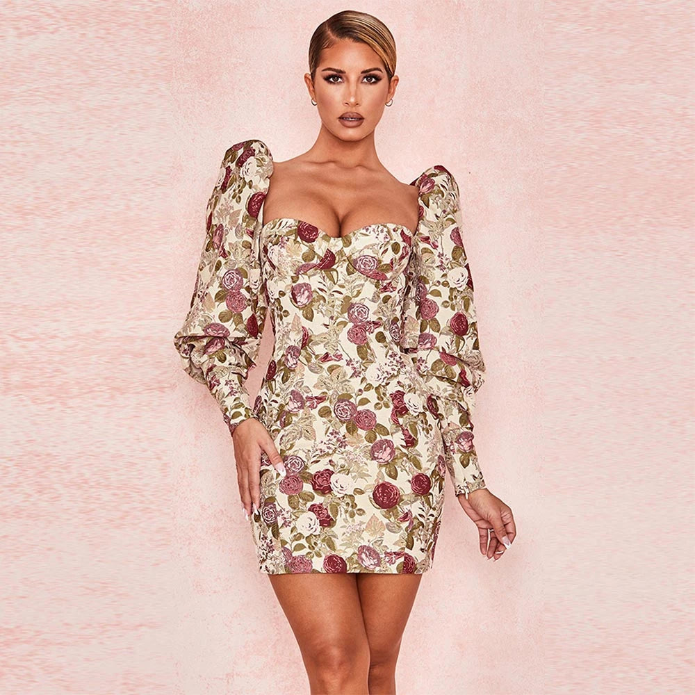 Flower Beige Bodycon V-Neck Mini Dress VestiVogue