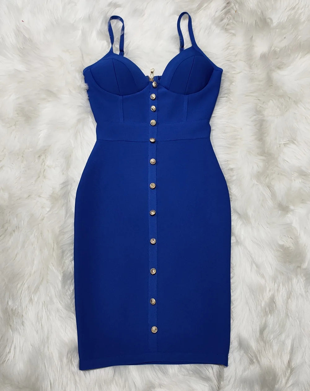 Women's V-Neck Bodycon Dress with Gold Buttons VestiVogue royal blue L