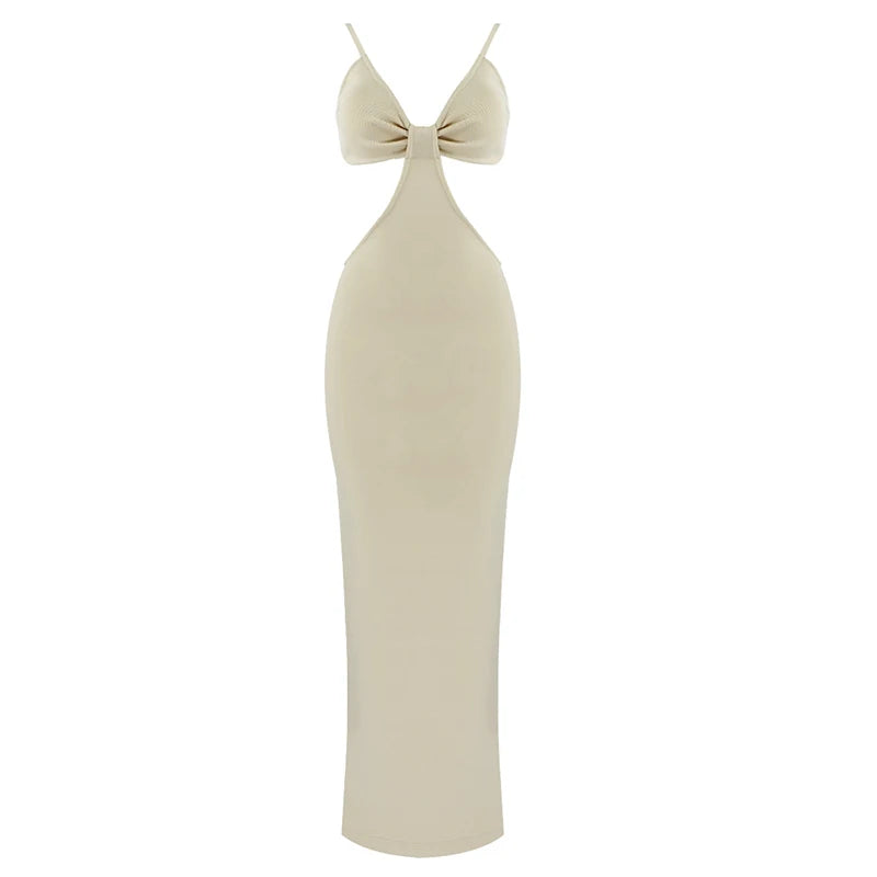 Elegant V Neck Bodycon Bandage Dress for Women VestiVogue Beige L