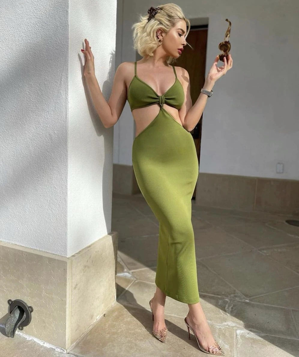 Elegant V Neck Bodycon Bandage Dress for Women VestiVogue green L