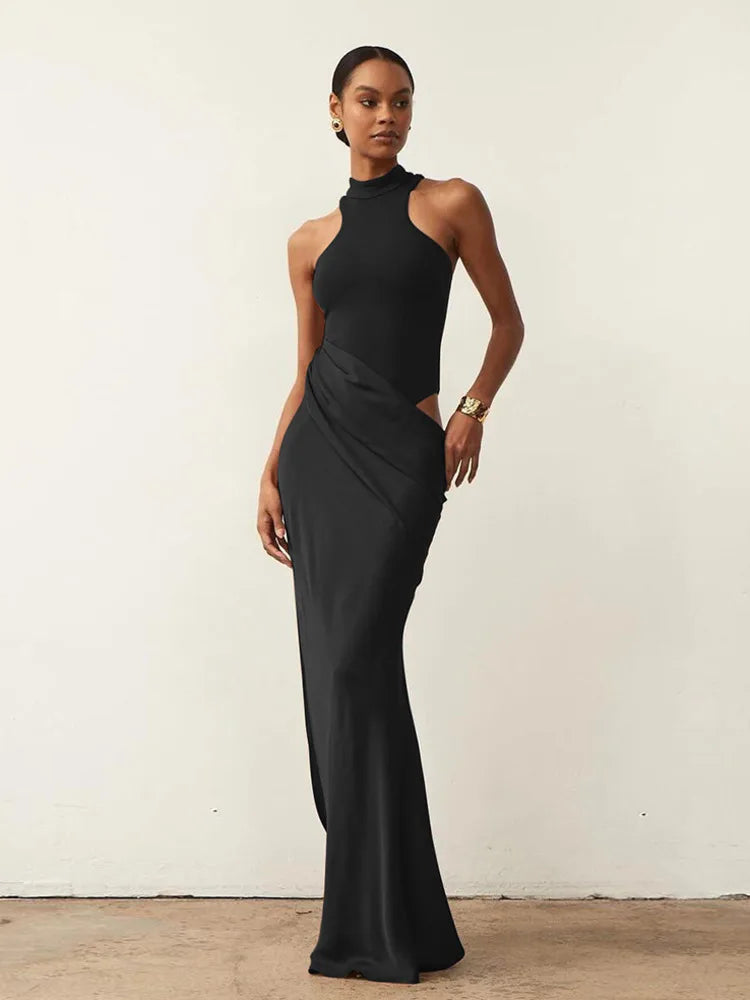 Elegant Black Satin Hollow-Out Maxi Dress with High Waist VestiVogue