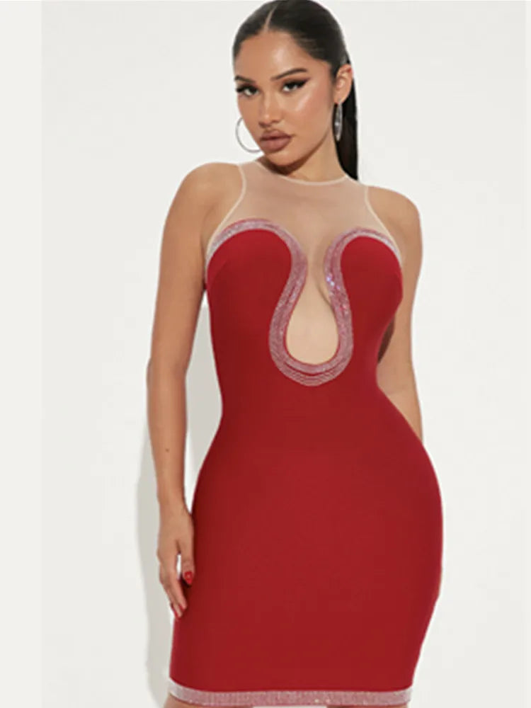 Red Diamonds Sleeveless Mini Bandage Dress VestiVogue Red XS