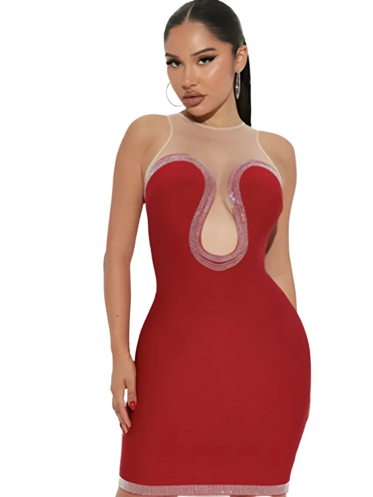 Sexy Red Diamonds Sparkly Bandage Dress for Women VestiVogue Red XS