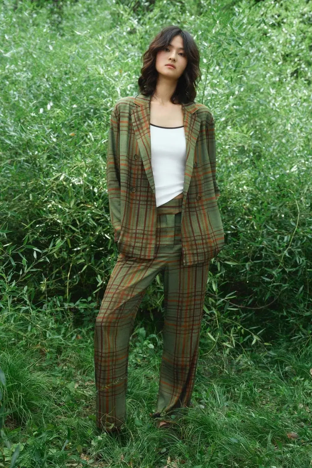 Plaid Double Breasted Blazer & Wide-Leg Trousers Set VestiVogue