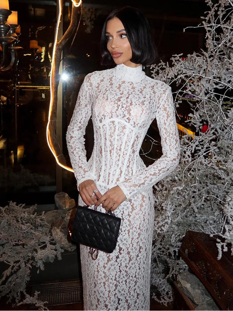 Elegant White Lace Maxi Dress with Long Sleeves and Turtleneck VestiVogue WHITE XS
