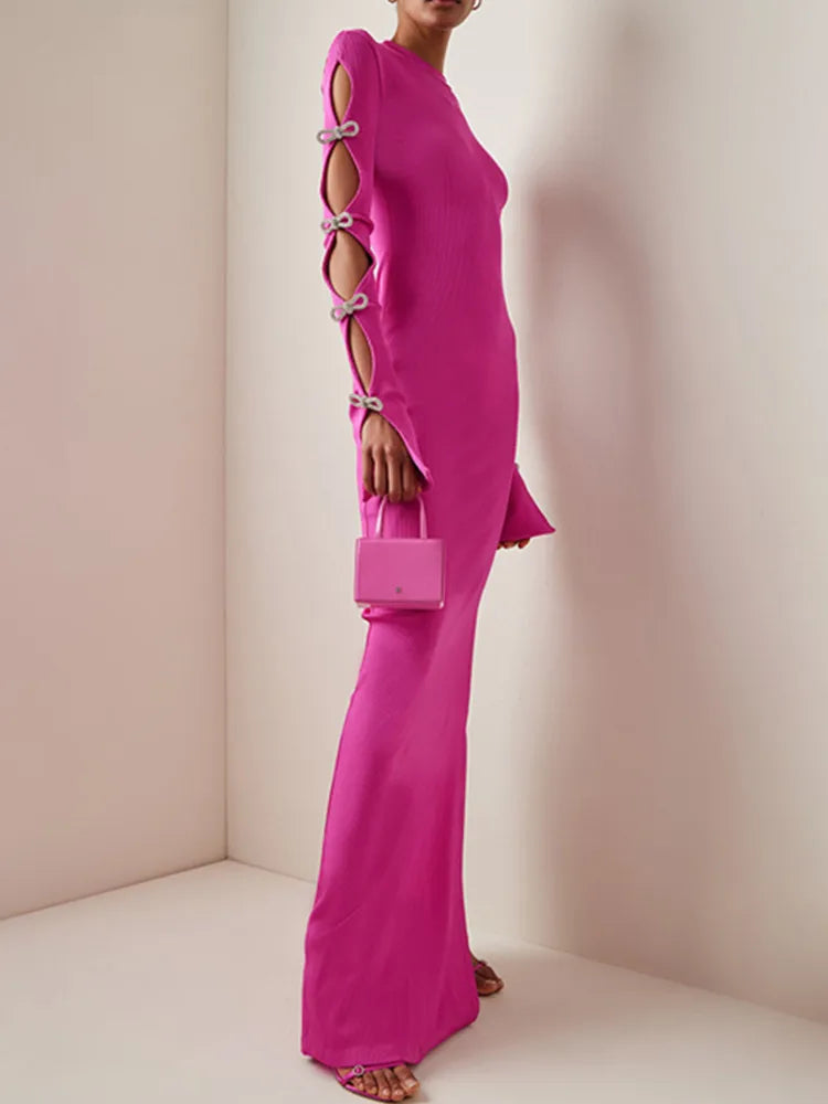 Hot Pink Crystal Bow Tie Long Sleeve Maxi Dress VestiVogue  