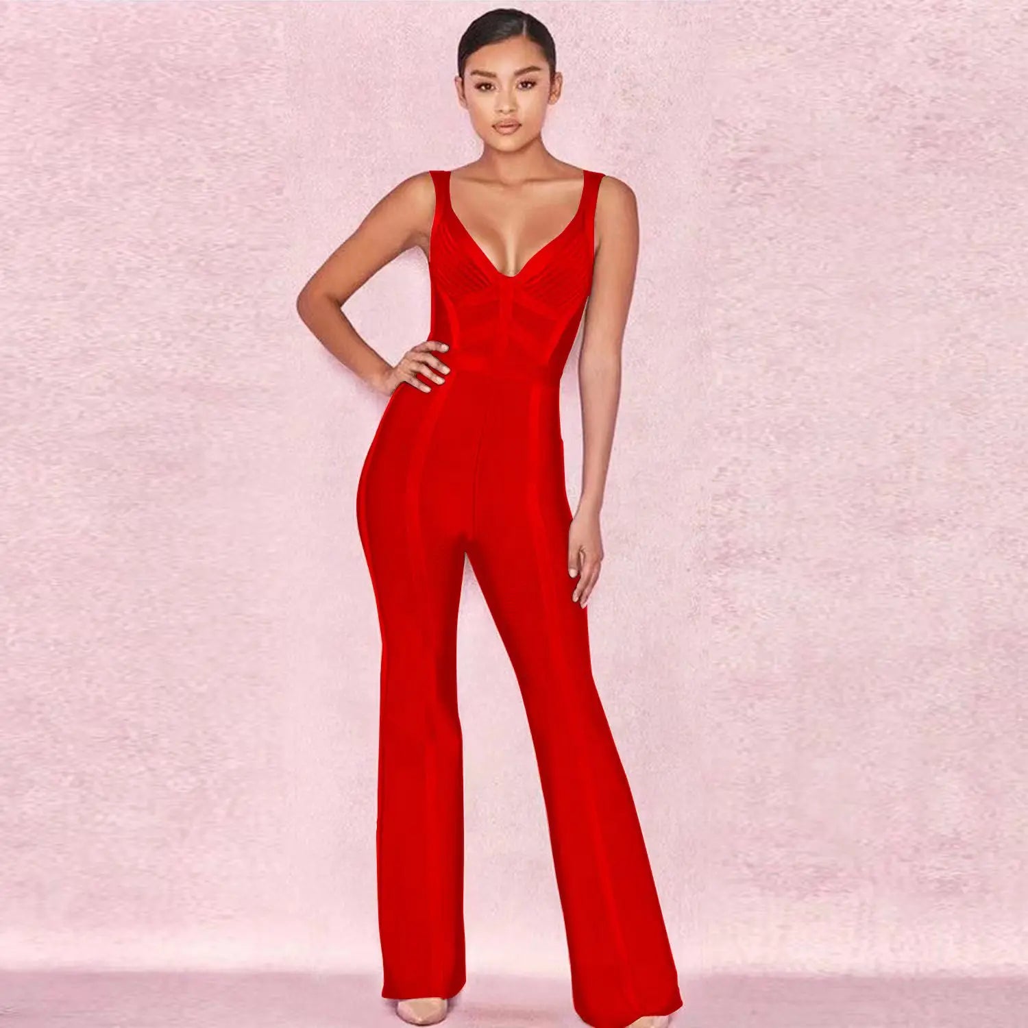 Sexy Backless Bandage Jumpsuit in Black VestiVogue red M