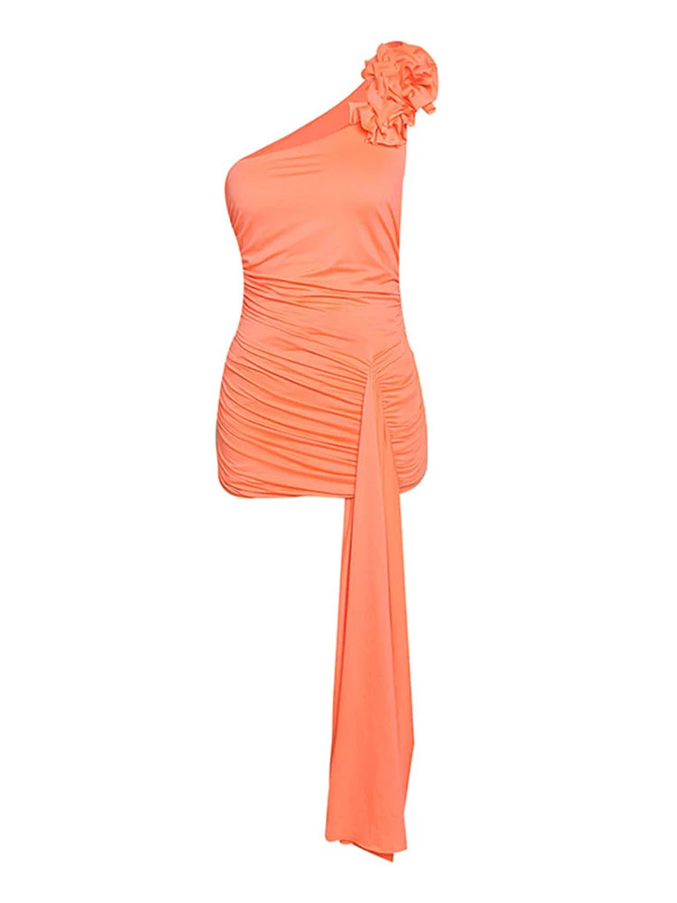 Sleek One Shoulder Ruched Bodycon Mini Dress VestiVogue Orange XS