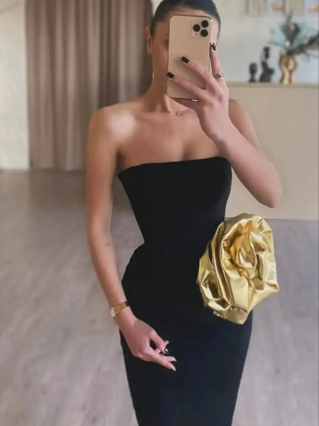 Sexy Strapless Gold Flower Bodycon Dress for Elegant Parties VestiVogue  