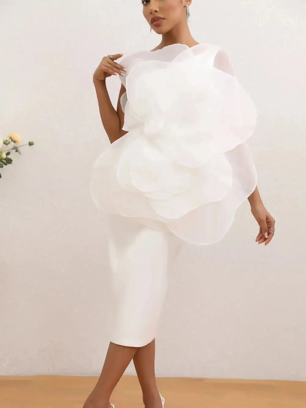 One Shoulder White Big Flower Bodycon Dress VestiVogue  