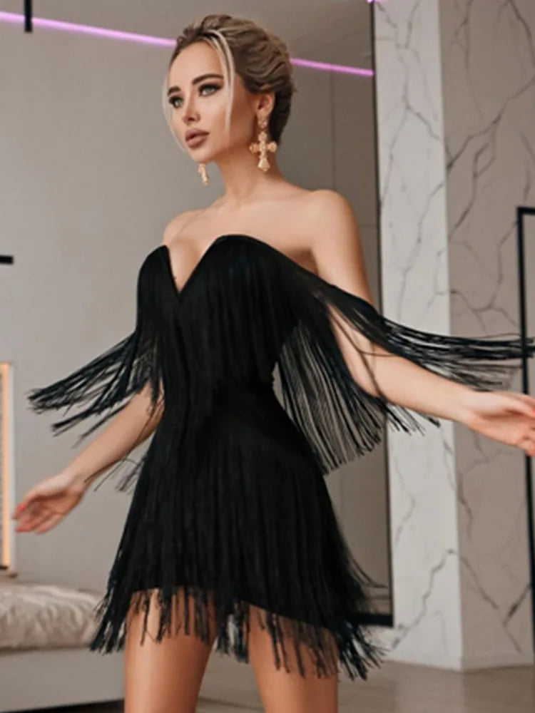 Elegant Off-Shoulder Tassel Mini Bodycon Dress in Black & White VestiVogue