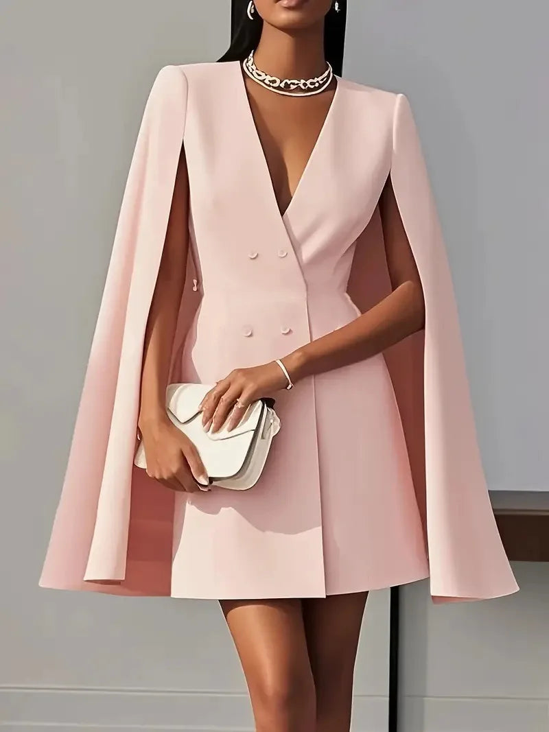 Elegant V-Neck Double Breasted Blazer Dress with Cape Sleeves VestiVogue Pink 1993 M