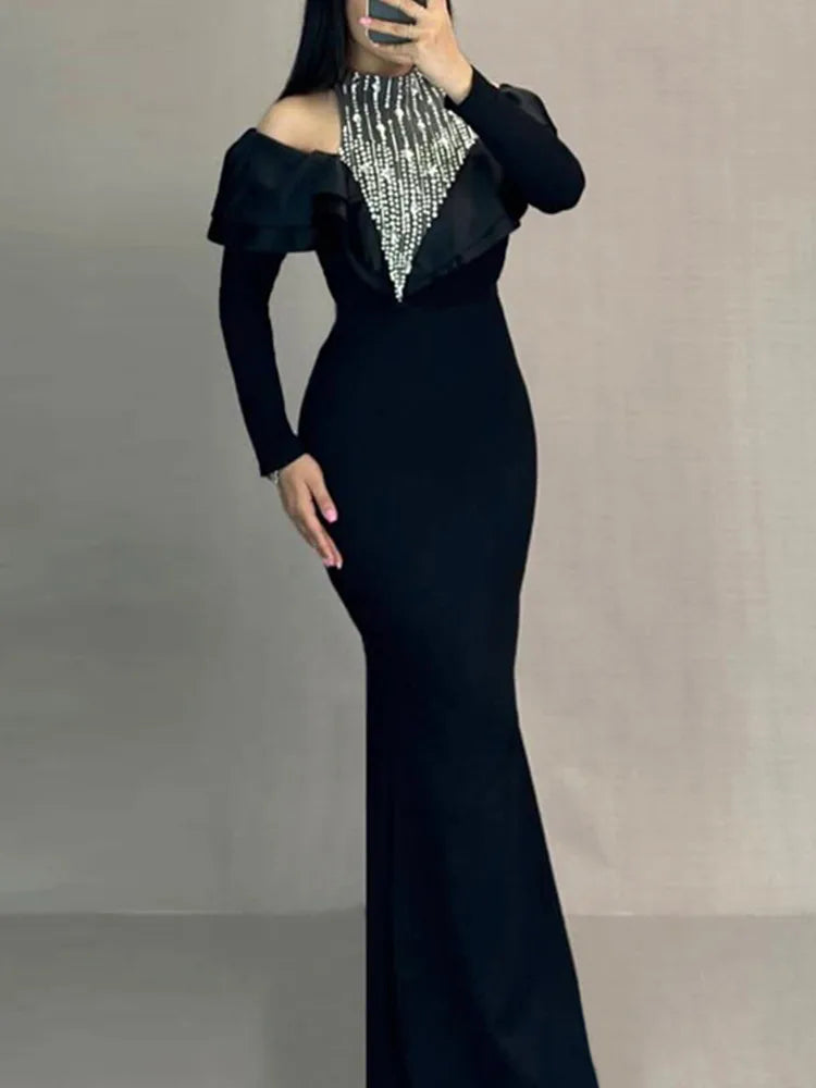 Elegant Black Ruffle Maxi Dress with Diamonds and Turtleneck VestiVogue
