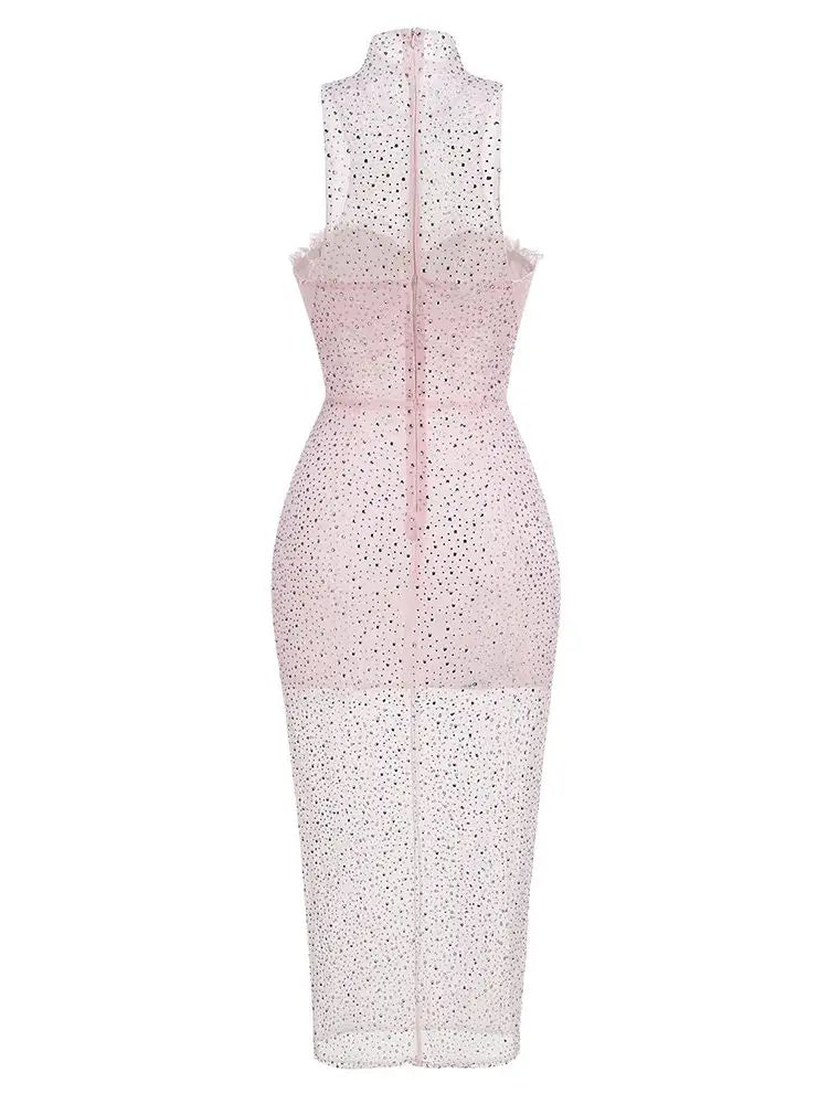 Pink Lace Mesh Midi Bodycon Dress with Beading VestiVogue  