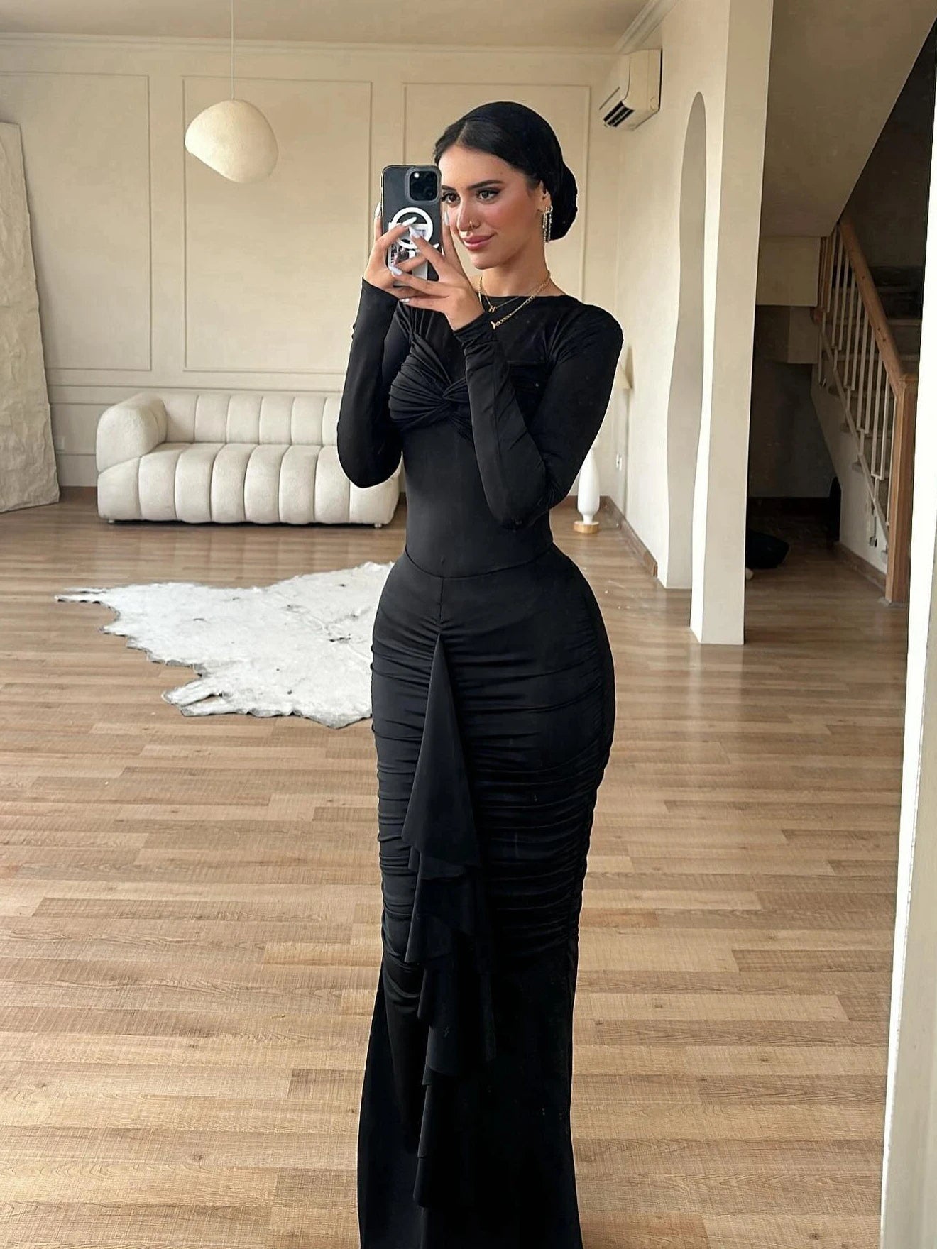 Elegant Long Sleeved Sheath Maxi Dress for Autumn/Winter VestiVogue black L