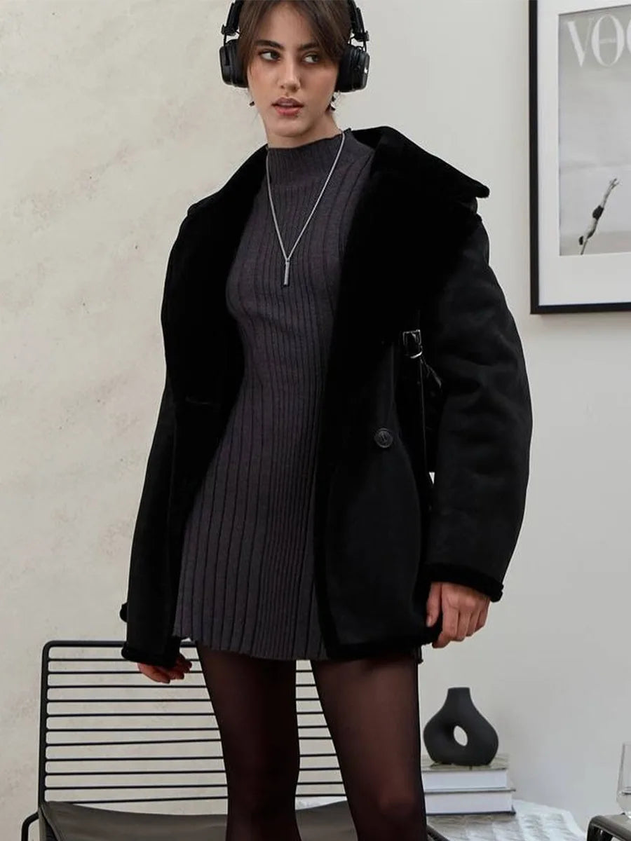 Elegant A-Line Knitted Dress with Semi-High Neck and Long Sleeves VestiVogue