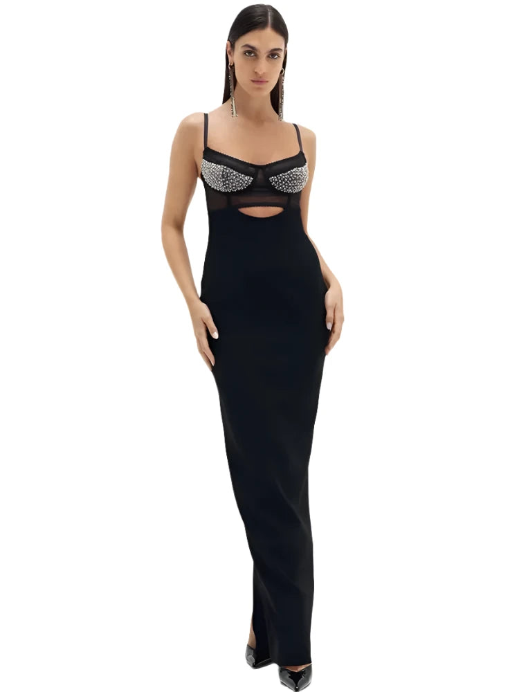 Sleveless Cutout Black Beading Midi Bandage Dress VestiVogue  