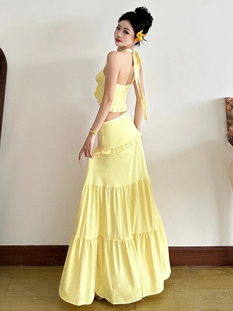 Chic Halter Ruffle Trim Two-Piece Summer Set VestiVogue