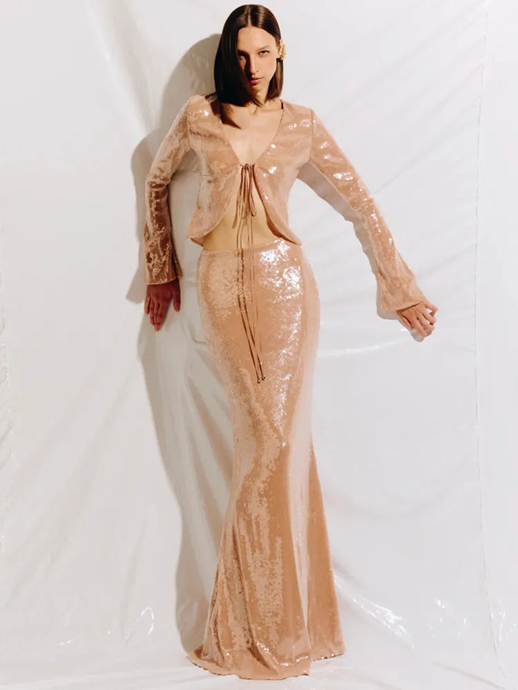 Chic Brown Beige Mesh Sequins Two-Piece Skirt Set VestiVogue Beige L