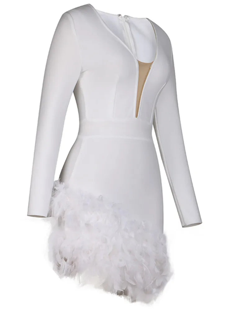 Feather Detailed V-Neck Long Sleeve Mini Bandage Dress VestiVogue
