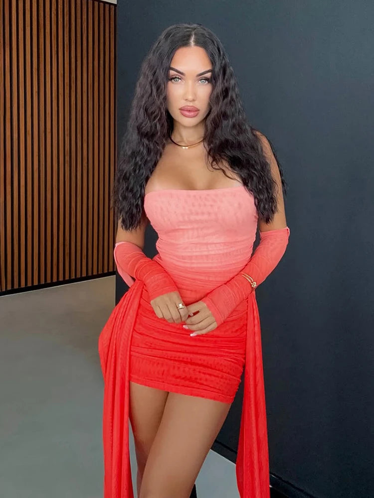 Strapless Tassel Mini Dress with Full Sleeve Gloves VestiVogue Pink S