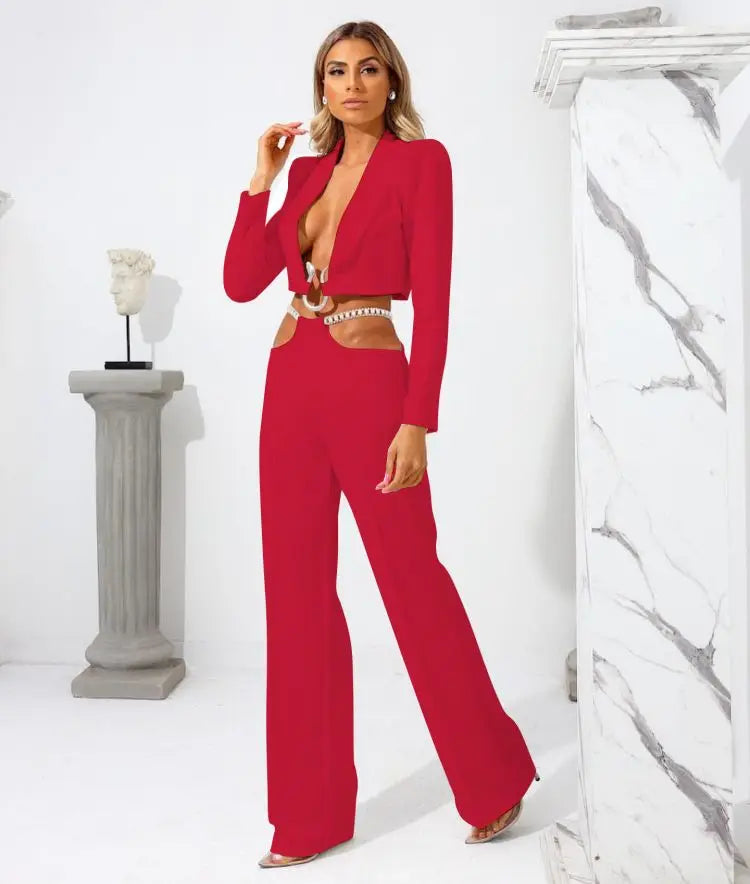 Red V-Neck Blazer Set VestiVogue red M