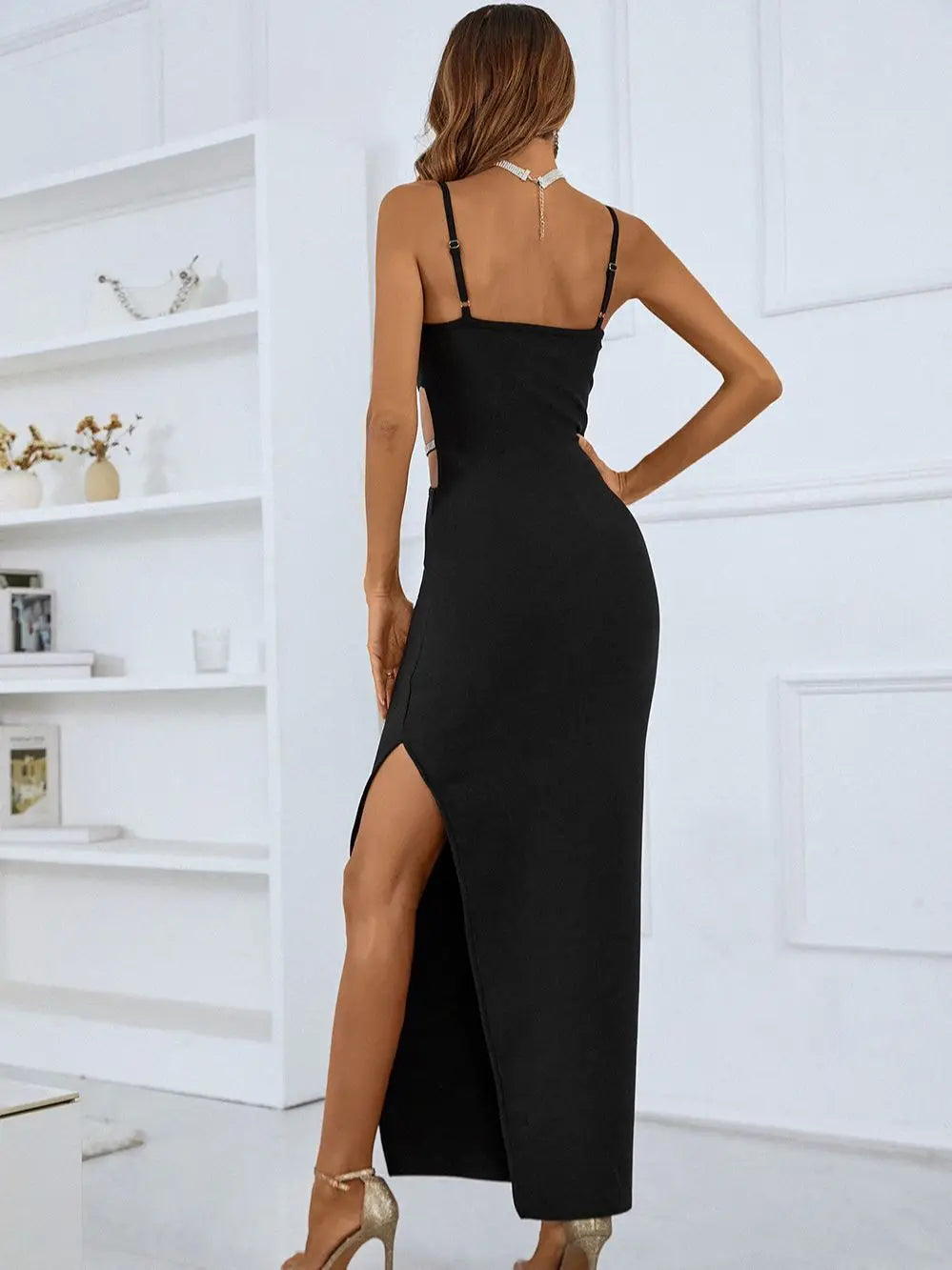 Elegant Black Crystal Diamond Bandage Dress VestiVogue  