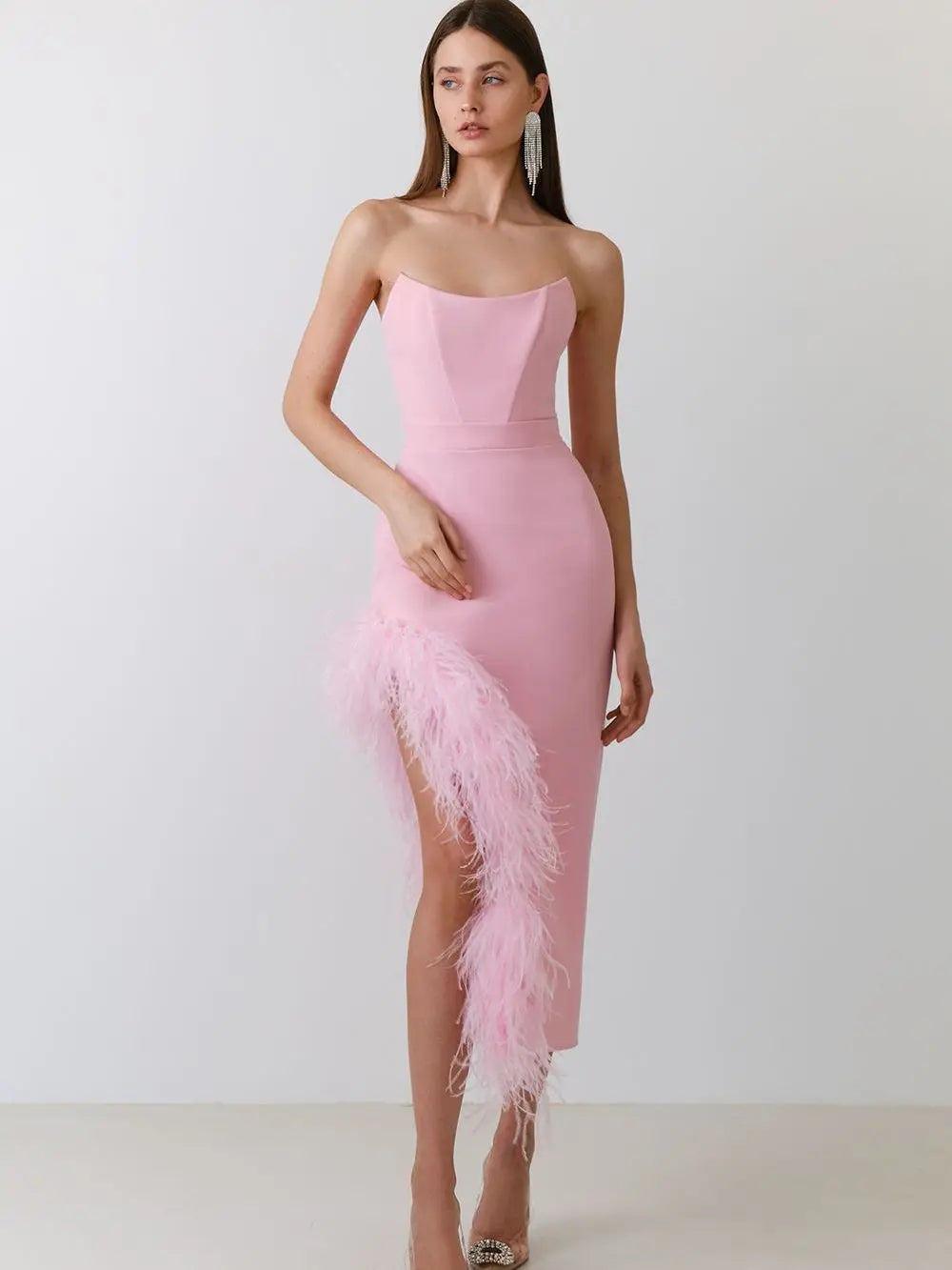 Strapless Feather Split Bodycon Dress VestiVogue Pink XS