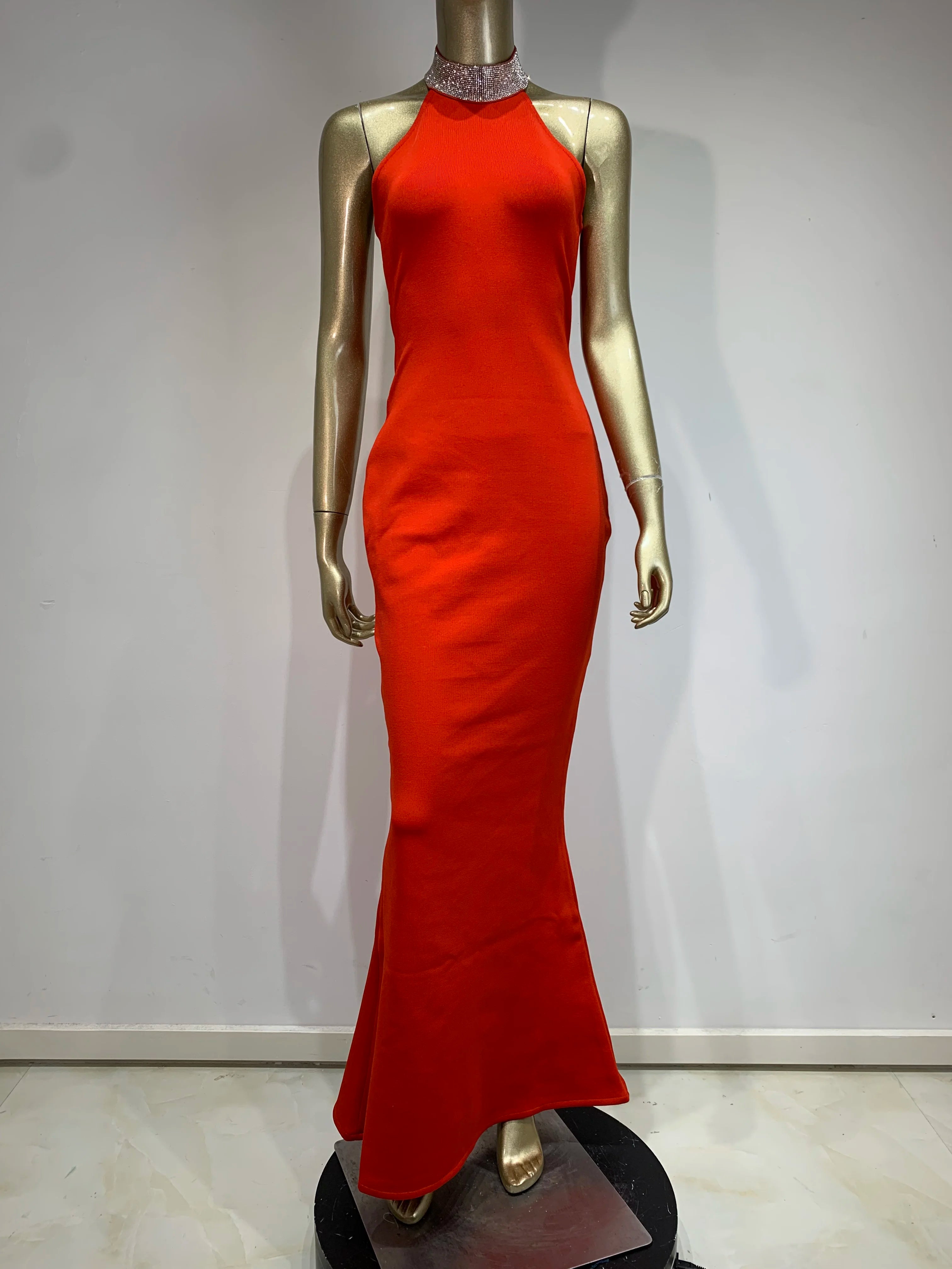 Long Red Bodycon Bandage Dress - Elegant Halter Backless Evening Party Dress VestiVogue  