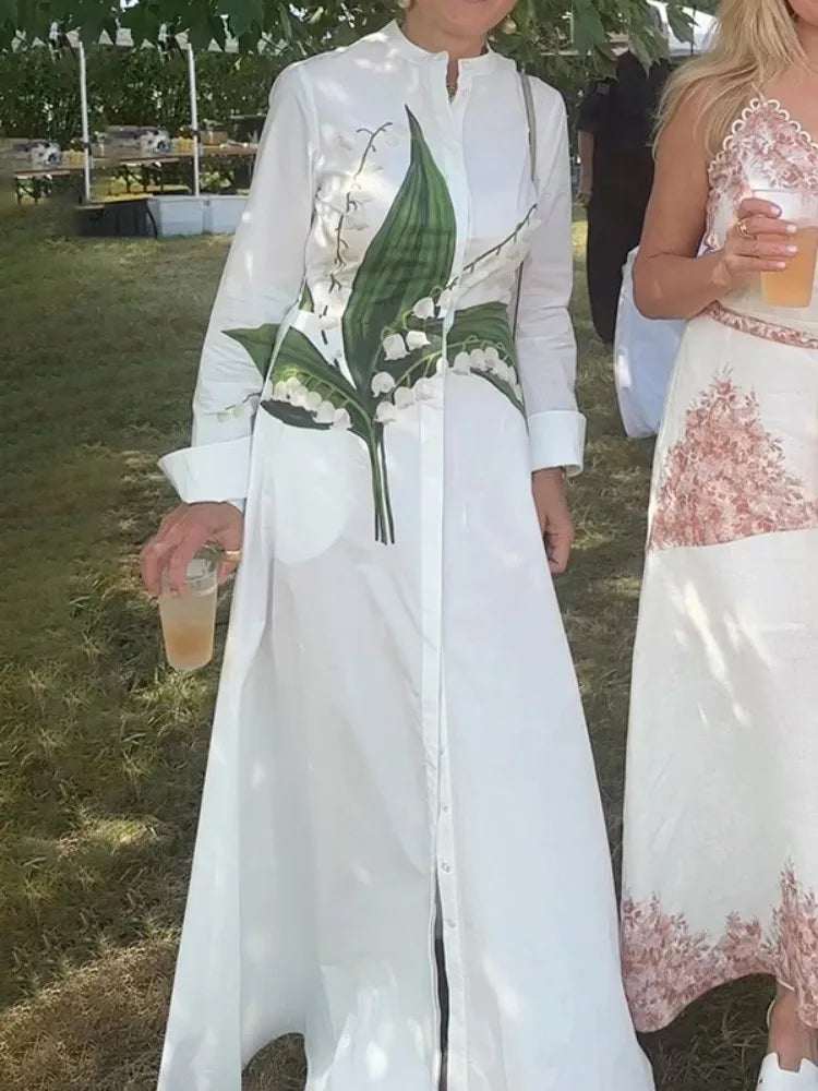 Floral Print A-Line Long Sleeve Maxi Shirt Dress VestiVogue