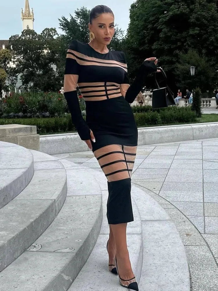 Elegant Long Sleeve Mesh Patchwork Bodycon Dress for Women VestiVogue  