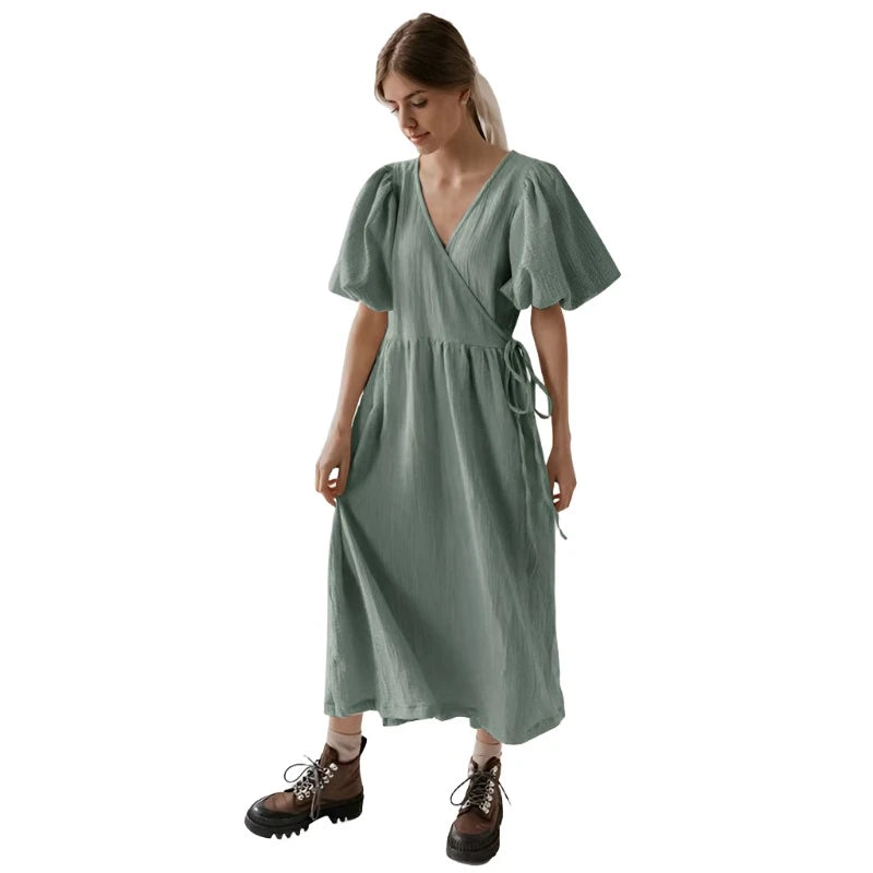 Short Sleeve summer Dress VestiVogue green One Size