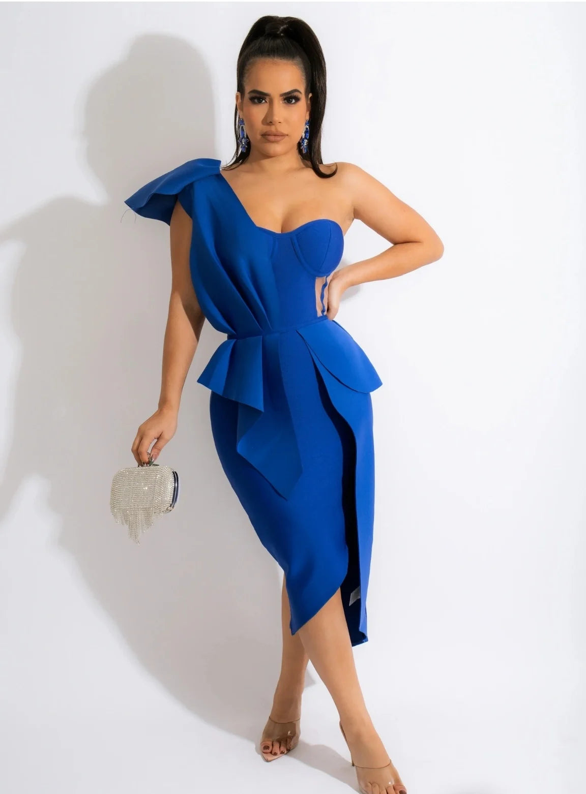 One-Shoulder Mesh Ruffle Bandage Dress VestiVogue royal blue S