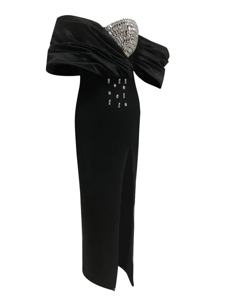 Off-Shoulder Beaded Split Bodycon Dress in Blue and Black VestiVogue black XL