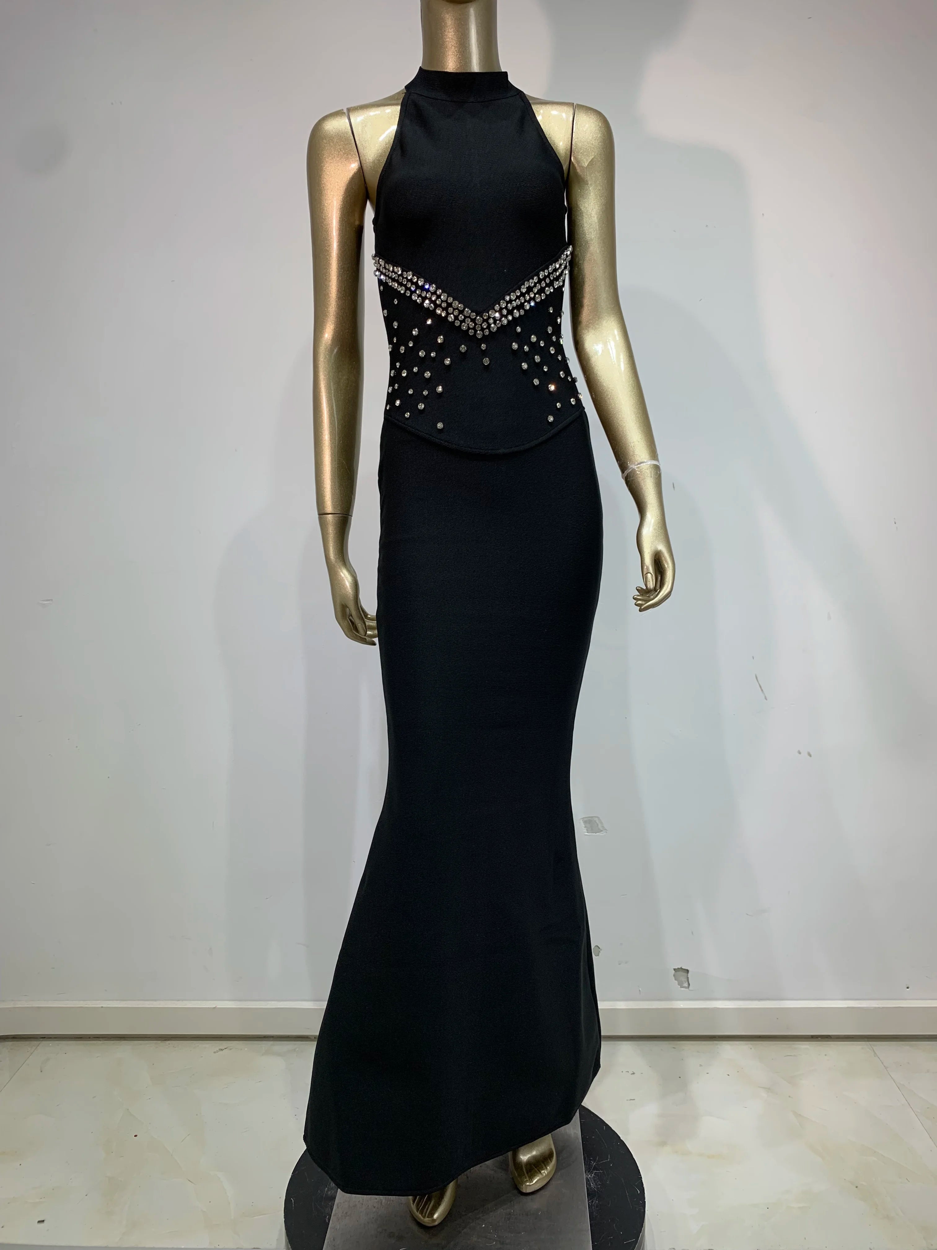 Elegant Beaded Black Maxi Bodycon Dress with Turtleneck VestiVogue