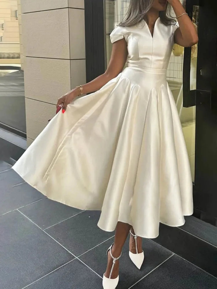 Elegant V-Neck Cap Sleeve A-Line Midi Dress with High Waist Pleats VestiVogue