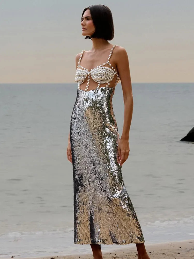 Alluring Backless Silver Sequin Maxi Dress VestiVogue Silver L