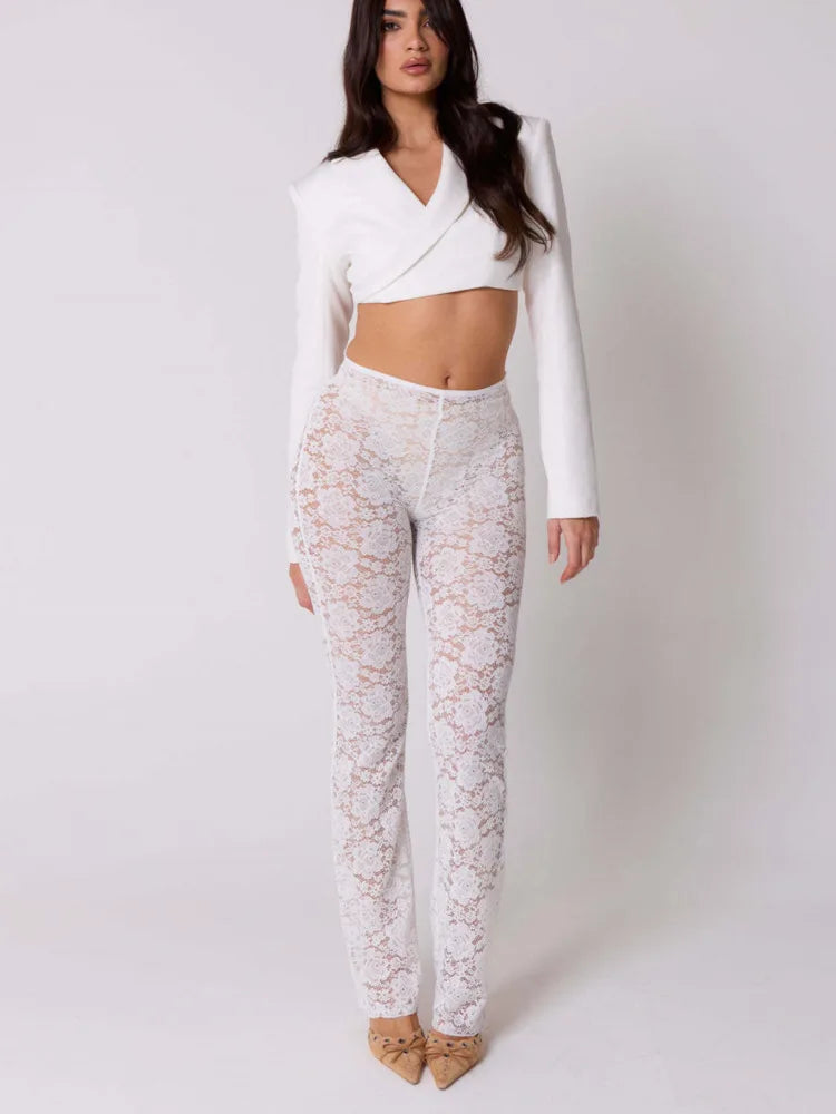 Lace Print Patchwork Elastic Tight Long Pants for Women VestiVogue  