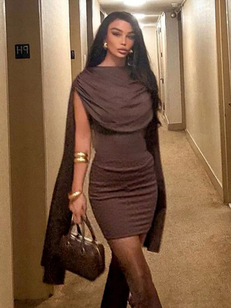 Flattering Pleated Mini Dress with Unique Swinging Neckline VestiVogue