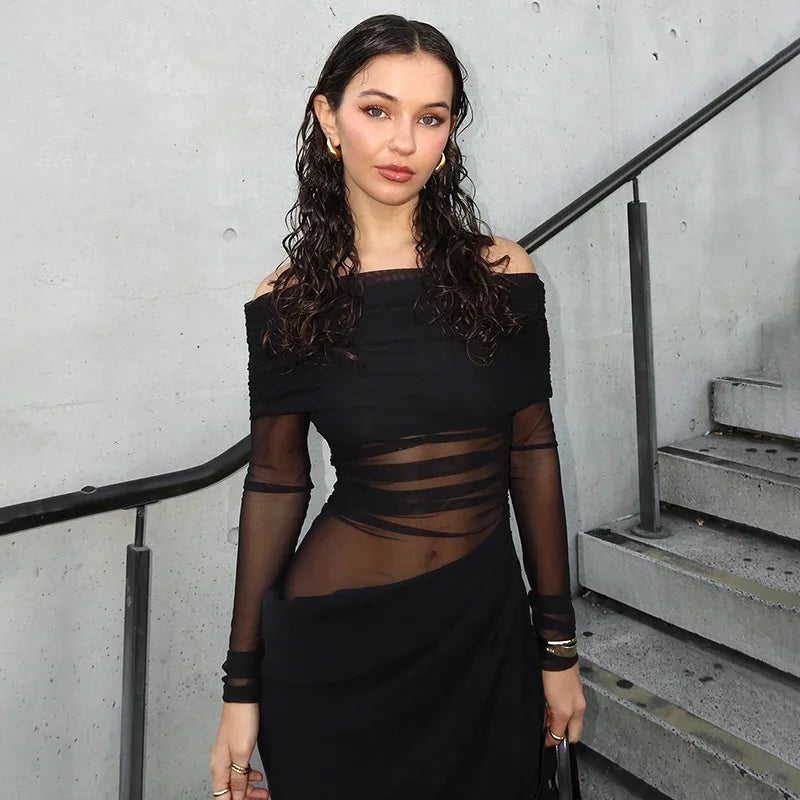 Elegant Off-Shoulder Mesh Midi Dress with Turn-Down Collar VestiVogue