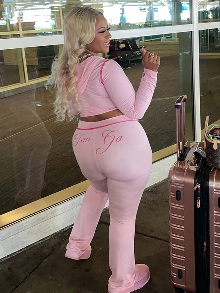 Sporty Chic Hooded Zip Crop Top & Flare Pants Set VestiVogue