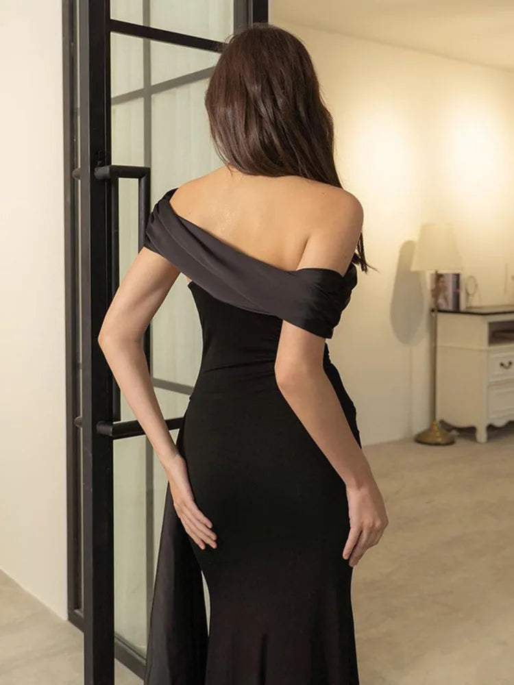 One Shoulder Mesh Patchwork Ribbon Dress - Elegant Slim Fit Black Evening Dress VestiVogue  